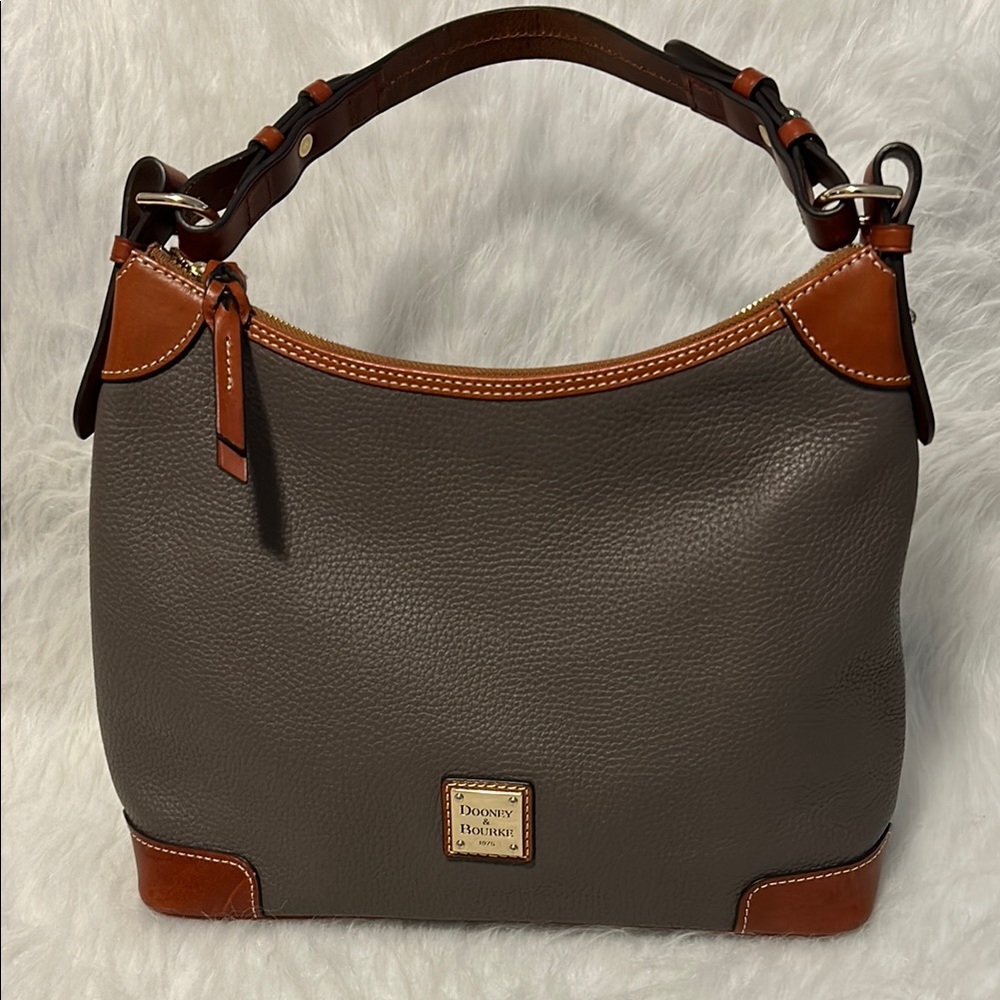 Dooney & Bourke Gray and Brown Hobo Bag with Leather Trim